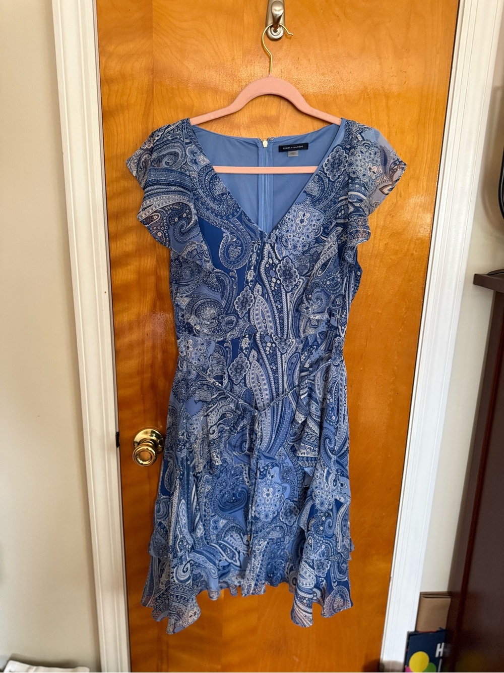 Tommy Hilfiger Blue Paisley V-Neck Ruffle Midi Dress